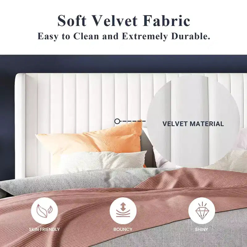 Velvet Upholstered Bed with Wingback Headboard, No Box Spring Needed