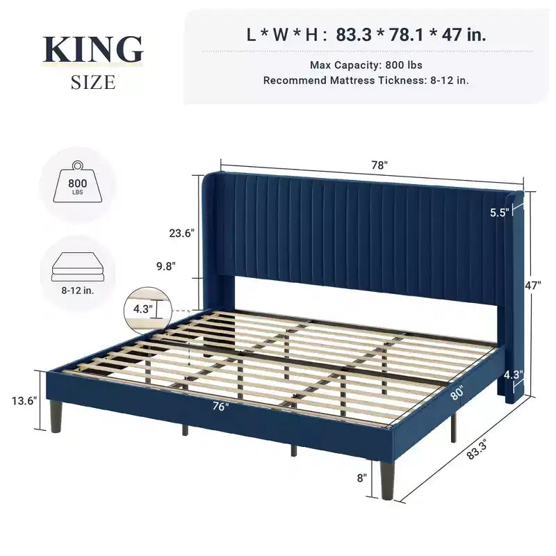 Velvet Upholstered Bed with Wingback Headboard, No Box Spring Needed