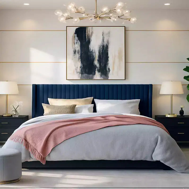 Velvet Upholstered Bed with Wingback Headboard, No Box Spring Needed
