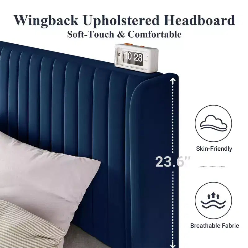 Velvet Upholstered Bed with Wingback Headboard, No Box Spring Needed