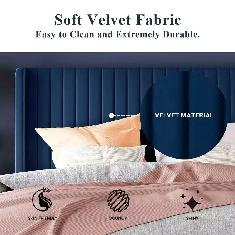 Velvet Upholstered Bed with Wingback Headboard, No Box Spring Needed
