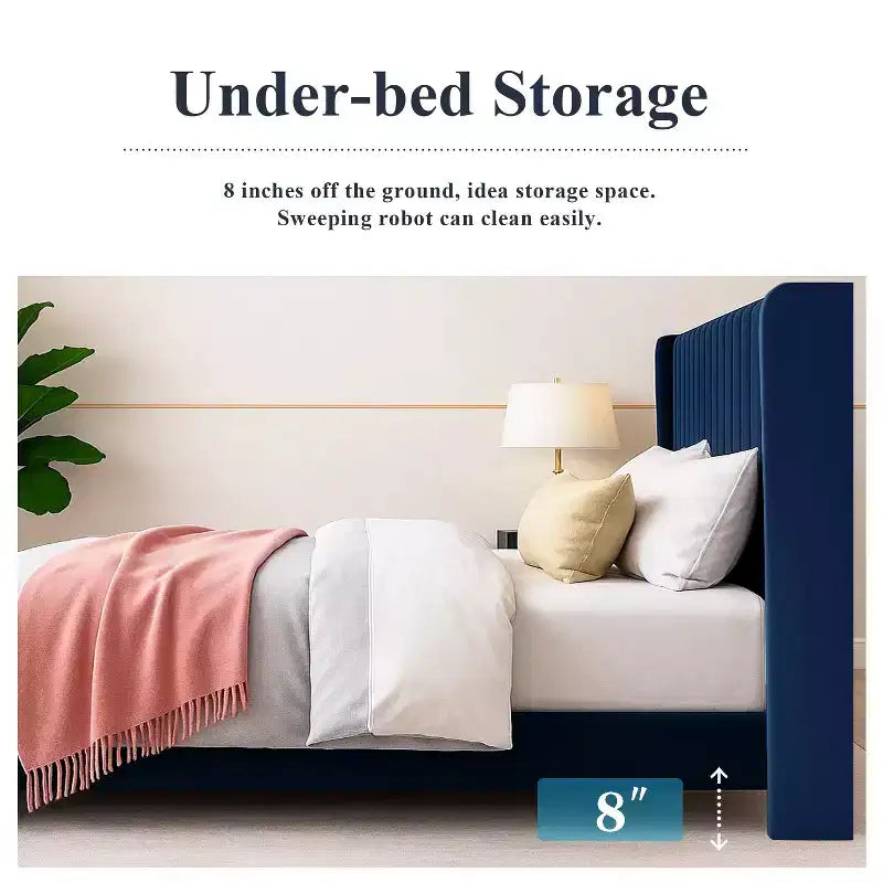 Velvet Upholstered Bed with Wingback Headboard, No Box Spring Needed