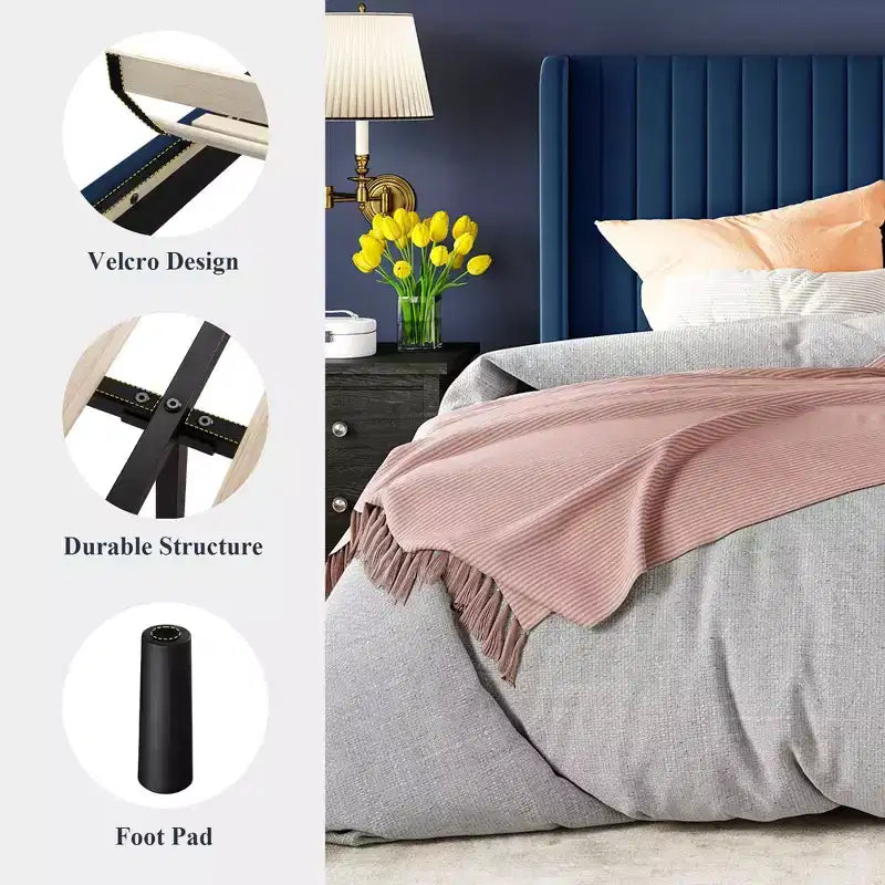 Velvet Upholstered Bed with Wingback Headboard, No Box Spring Needed