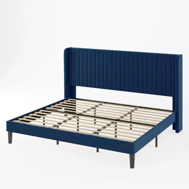 Velvet Upholstered Bed with Wingback Headboard, No Box Spring Needed