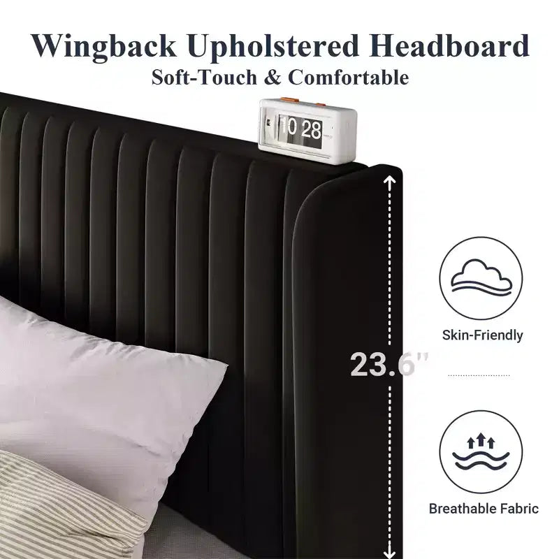 Velvet Upholstered Bed with Wingback Headboard, No Box Spring Needed