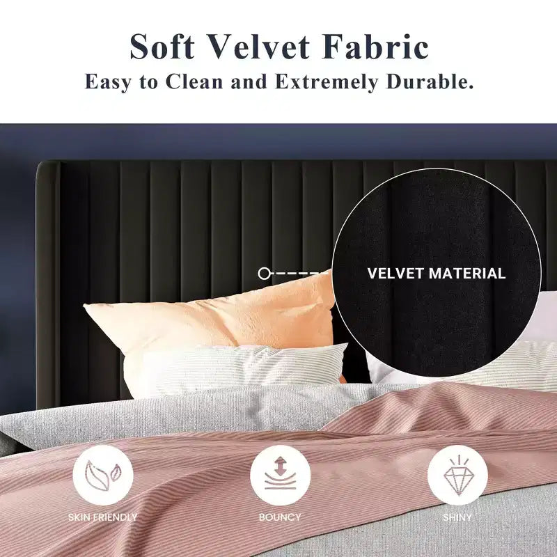 Velvet Upholstered Bed with Wingback Headboard, No Box Spring Needed
