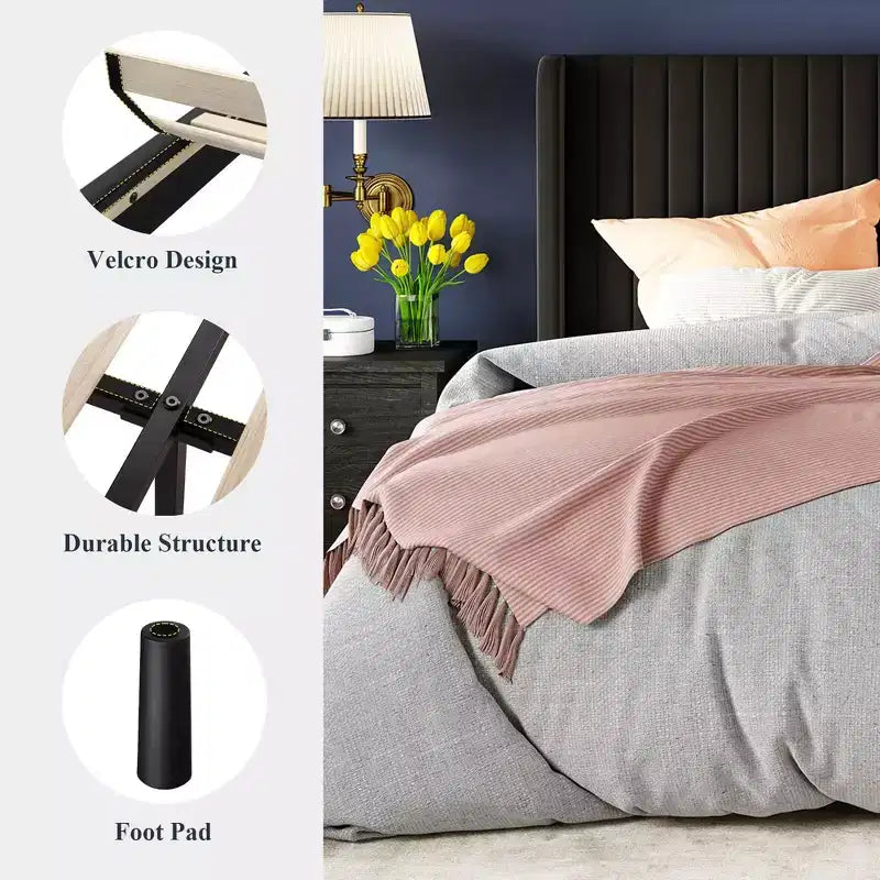 Velvet Upholstered Bed with Wingback Headboard, No Box Spring Needed