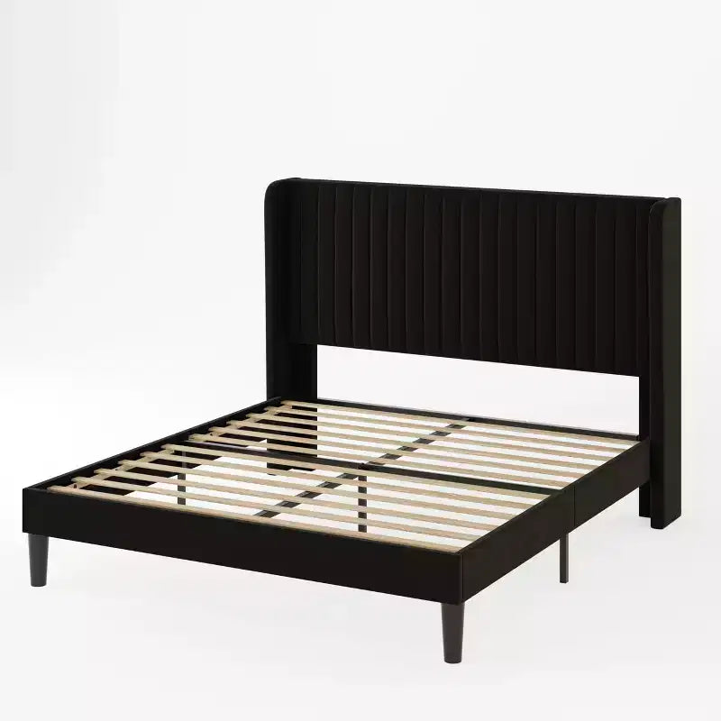 Velvet Upholstered Bed with Wingback Headboard, No Box Spring Needed