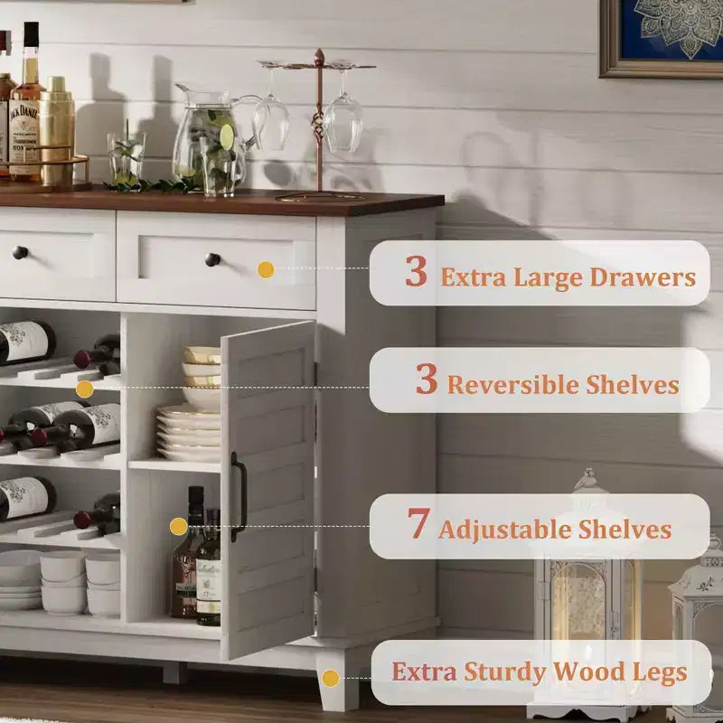 53.5 in Farmhouse Buffet Cabinet with Storage, Storage Cabinet with 3 Drawer, Reversible Wine Rack, Farmhouse Sideboard with Adjustable Shelf