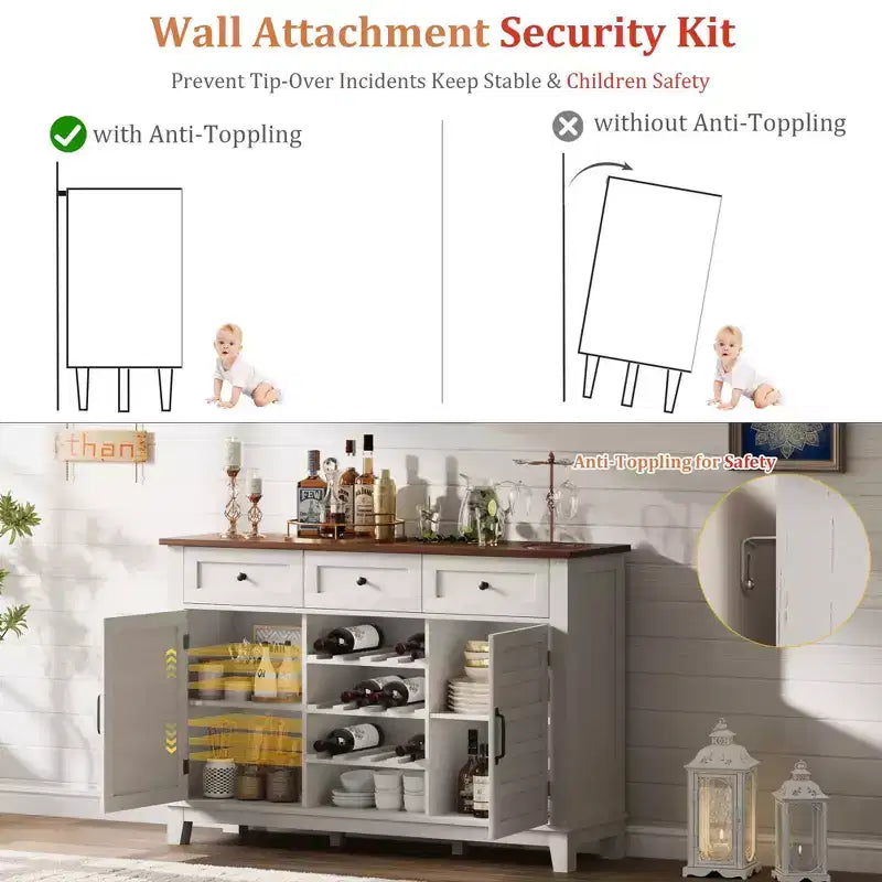 53.5 in Farmhouse Buffet Cabinet with Storage, Storage Cabinet with 3 Drawer, Reversible Wine Rack, Farmhouse Sideboard with Adjustable Shelf