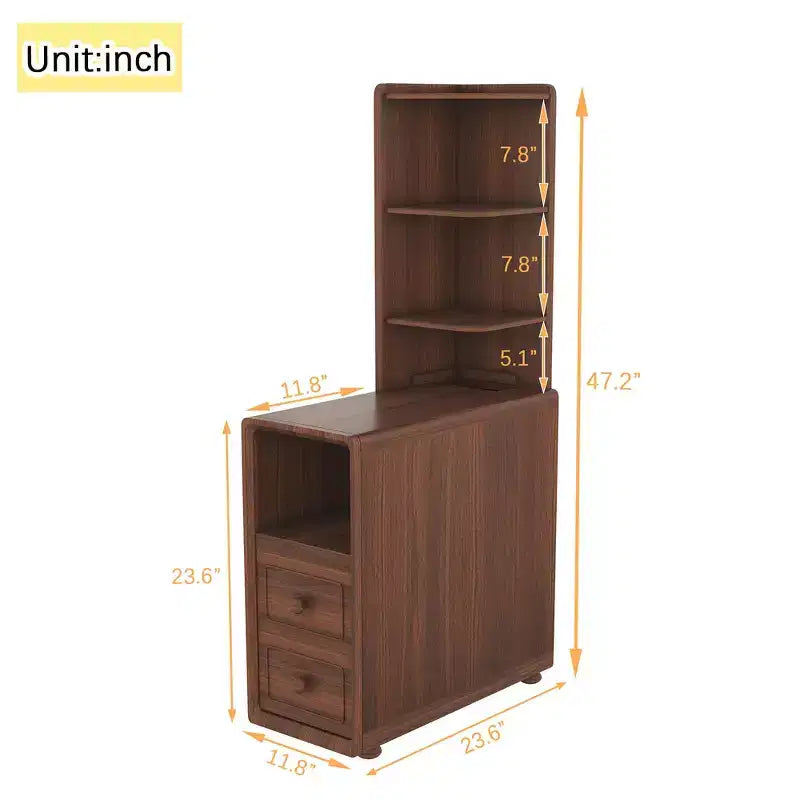 End Table & Corner Table with Drawers, Open Shelves for Bedroom and Corner - Walnut