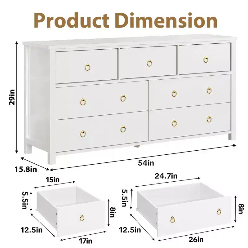7 Drawer Dresser for Bedroom, 54 Wide Chest of Drawers with Clothes Storage Cabinet, White
