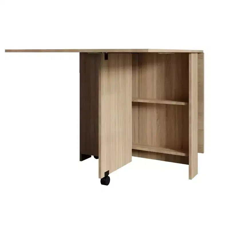 55IN Modern Extendable Kitchen Table, Space-Saving Dining Table with 2 Wheels and 2 Storage Racks, Foldable Table for Living Room, Wood