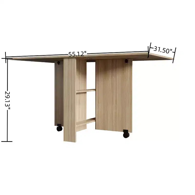 55IN Modern Extendable Kitchen Table, Space-Saving Dining Table with 2 Wheels and 2 Storage Racks, Foldable Table for Living Room, Wood