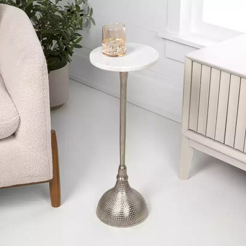 Contemporary Metal Pedestal Drink Table & Decorative End Table with White Marble Round Top & Hammered Base