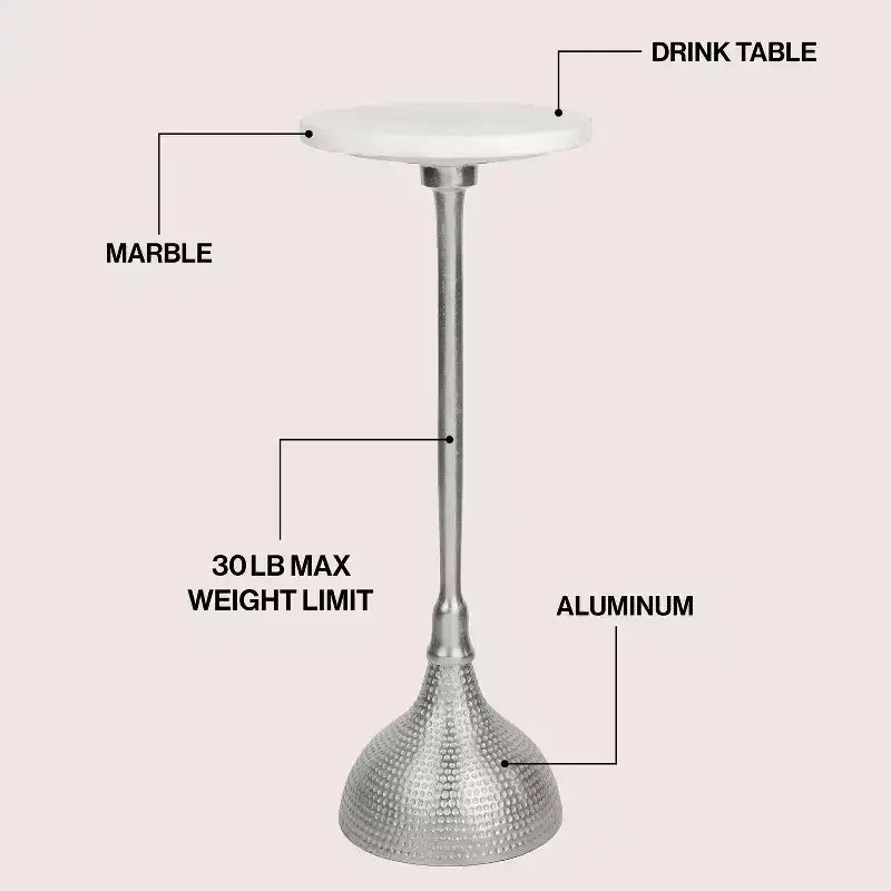 Contemporary Metal Pedestal Drink Table & Decorative End Table with White Marble Round Top & Hammered Base