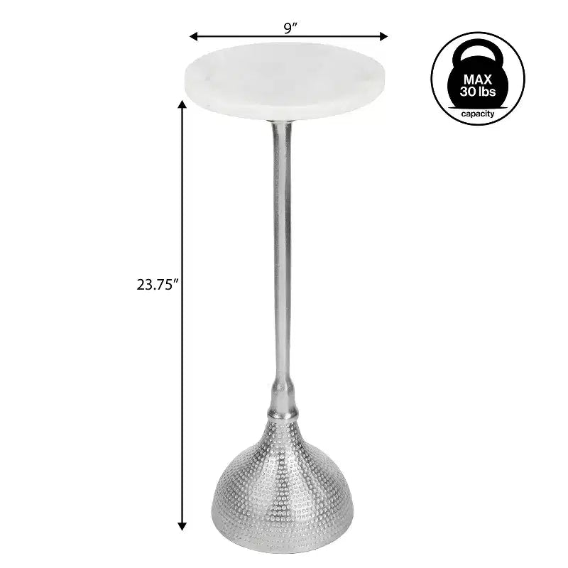 Contemporary Metal Pedestal Drink Table & Decorative End Table with White Marble Round Top & Hammered Base