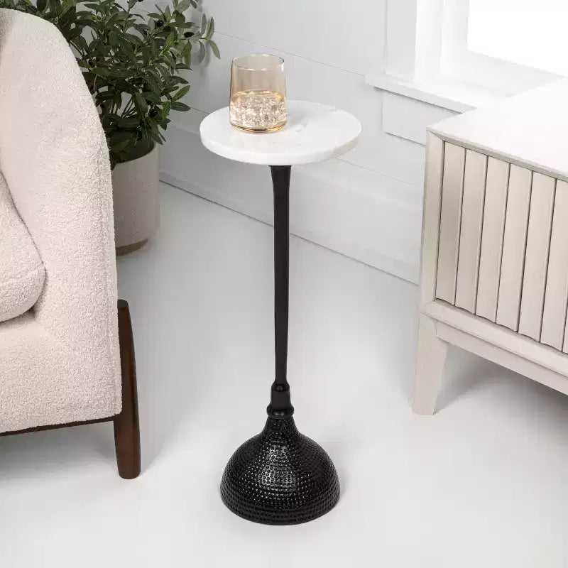 Contemporary Metal Pedestal Drink Table & Decorative End Table with White Marble Round Top & Hammered Base