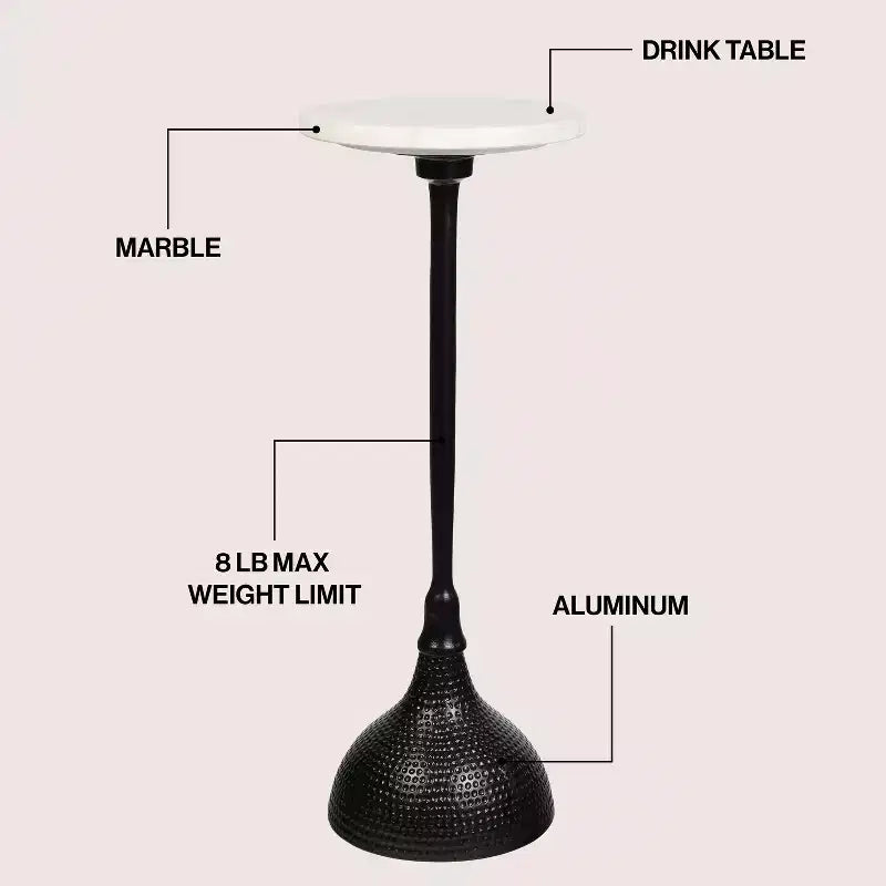 Contemporary Metal Pedestal Drink Table & Decorative End Table with White Marble Round Top & Hammered Base