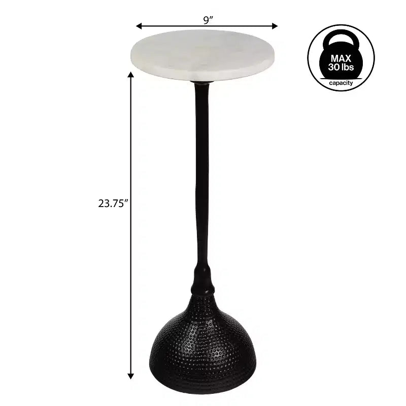 Contemporary Metal Pedestal Drink Table & Decorative End Table with White Marble Round Top & Hammered Base