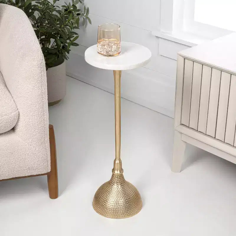 Contemporary Metal Pedestal Drink Table & Decorative End Table with White Marble Round Top & Hammered Base