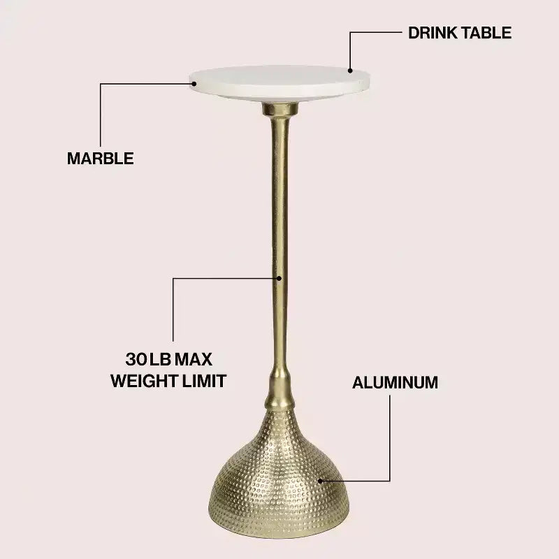 Contemporary Metal Pedestal Drink Table & Decorative End Table with White Marble Round Top & Hammered Base