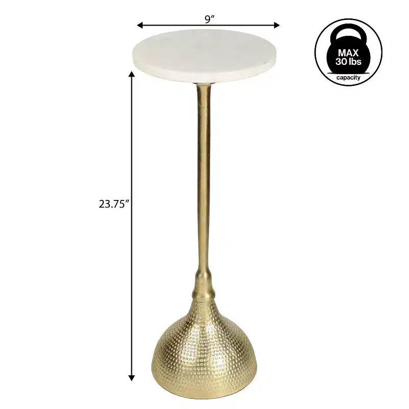 Contemporary Metal Pedestal Drink Table & Decorative End Table with White Marble Round Top & Hammered Base