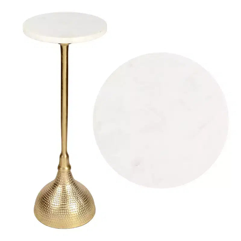 Contemporary Metal Pedestal Drink Table & Decorative End Table with White Marble Round Top & Hammered Base