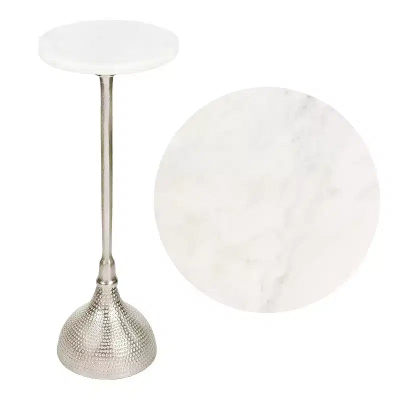 Contemporary Metal Pedestal Drink Table & Decorative End Table with White Marble Round Top & Hammered Base