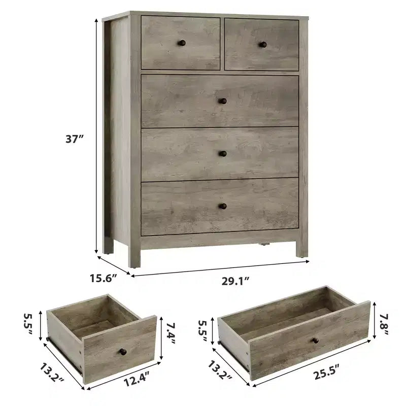 Fluted 5 Drawers Dresser, Modern Wood Grain Chests of Drawers, with Deep Drawers
