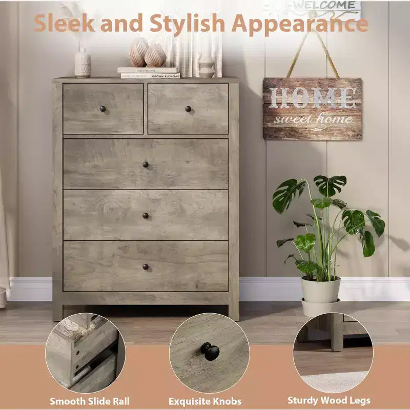Fluted 5 Drawers Dresser, Modern Wood Grain Chests of Drawers, with Deep Drawers