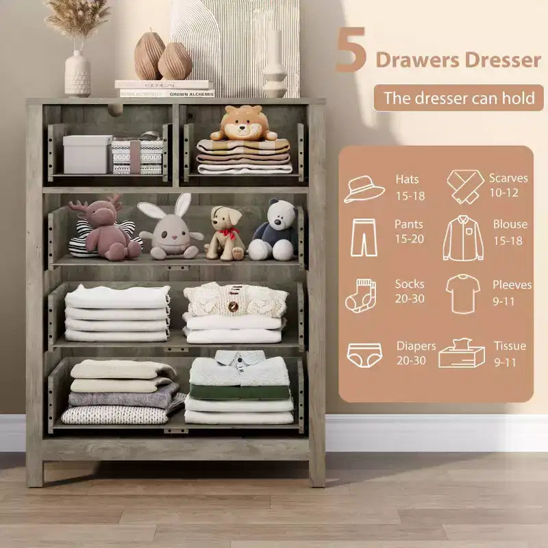 Fluted 5 Drawers Dresser, Modern Wood Grain Chests of Drawers, with Deep Drawers