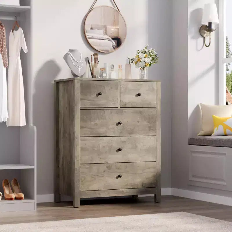 Fluted 5 Drawers Dresser, Modern Wood Grain Chests of Drawers, with Deep Drawers