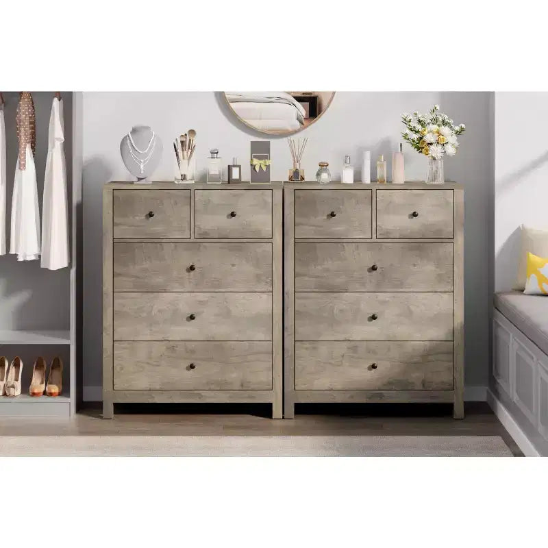 Fluted 5 Drawers Dresser, Modern Wood Grain Chests of Drawers, with Deep Drawers