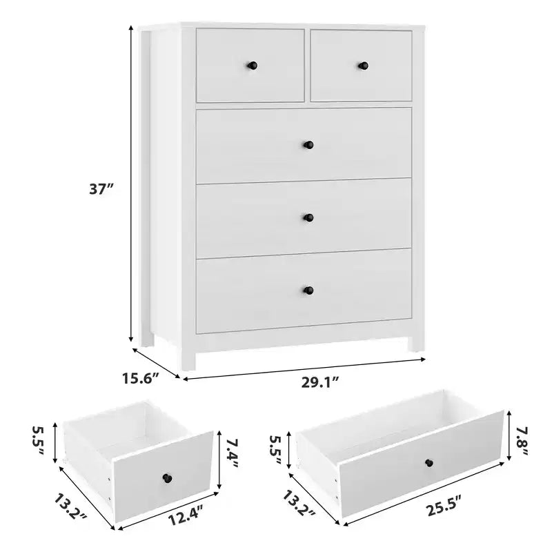 Fluted 5 Drawers Dresser, Modern Wood Grain Chests of Drawers, with Deep Drawers