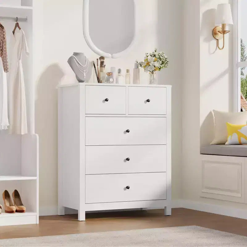 Fluted 5 Drawers Dresser, Modern Wood Grain Chests of Drawers, with Deep Drawers