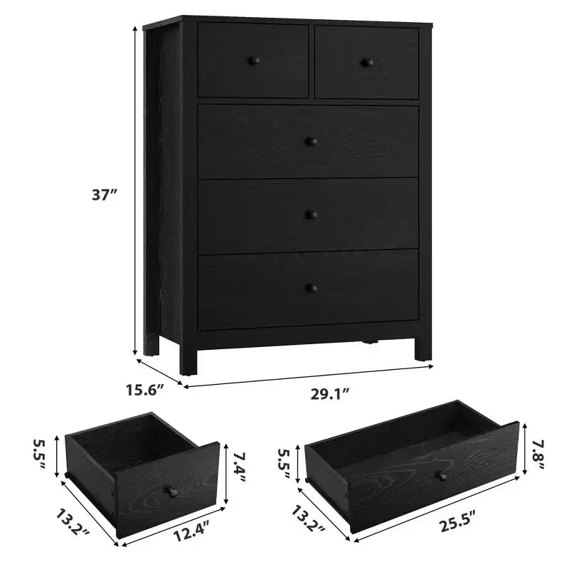Fluted 5 Drawers Dresser, Modern Wood Grain Chests of Drawers, with Deep Drawers