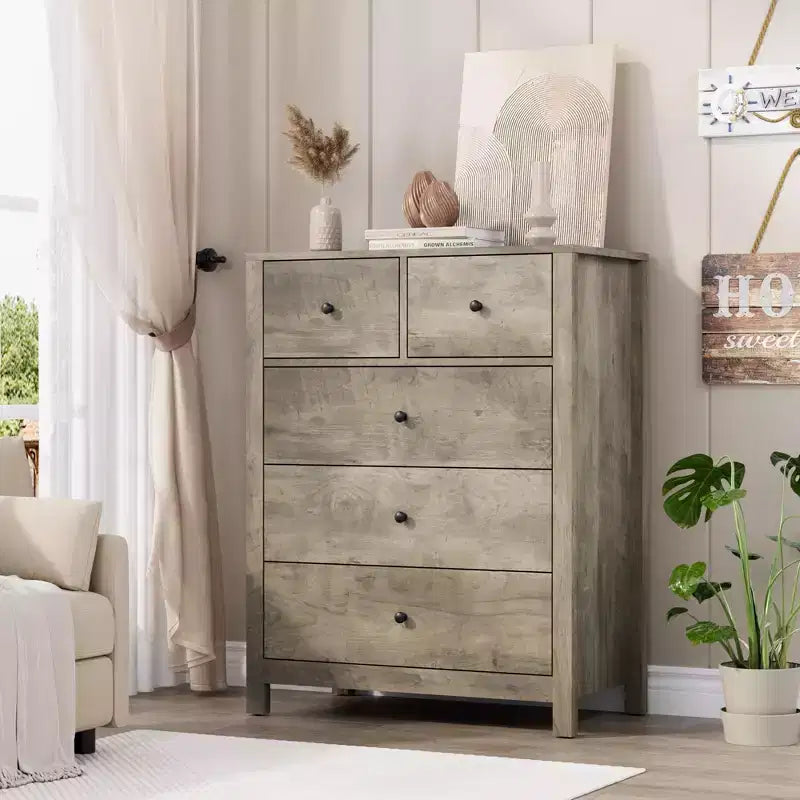Fluted 5 Drawers Dresser, Modern Wood Grain Chests of Drawers, with Deep Drawers