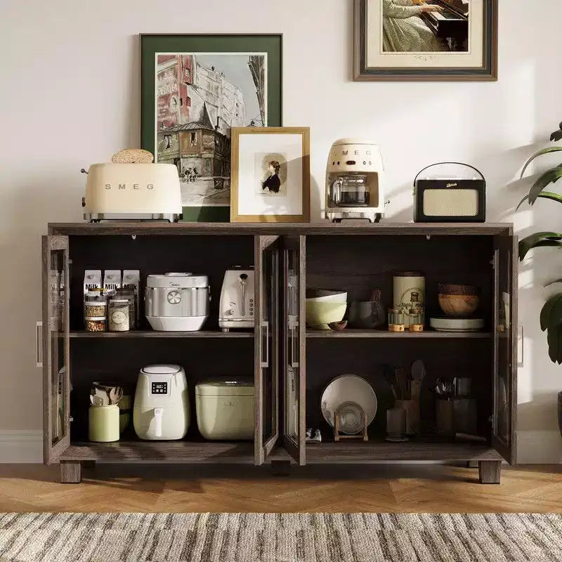 Glass-Door Kitchen Pantry Cabinet,Kitchen Sideboard Buffet Storage Cabinet,Multi - Shelf Storage for Organization,for Dining Room,Brown/White