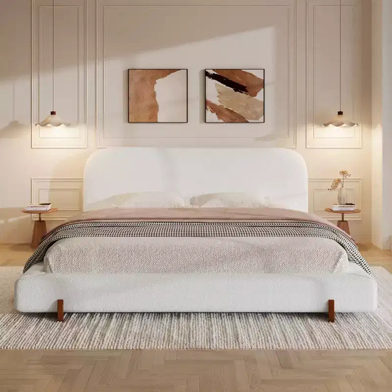 King Upholstered Bed Frame, Elegant Chenille Fabric Platform Bed with Solid Rubber Wood Legs